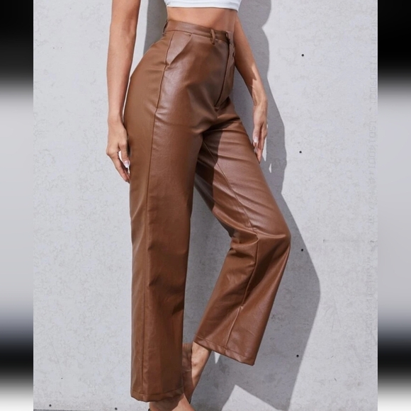 Shein Brown Straight Leg High Waisted Rise Pants Faux Leather Vegan Minimalist - Picture 12 of 12